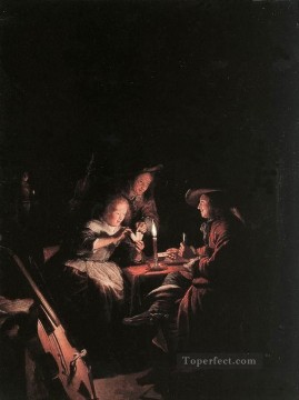  Gerrit Oil Painting - Cardplayers at Candlelight Golden Age Gerrit Dou